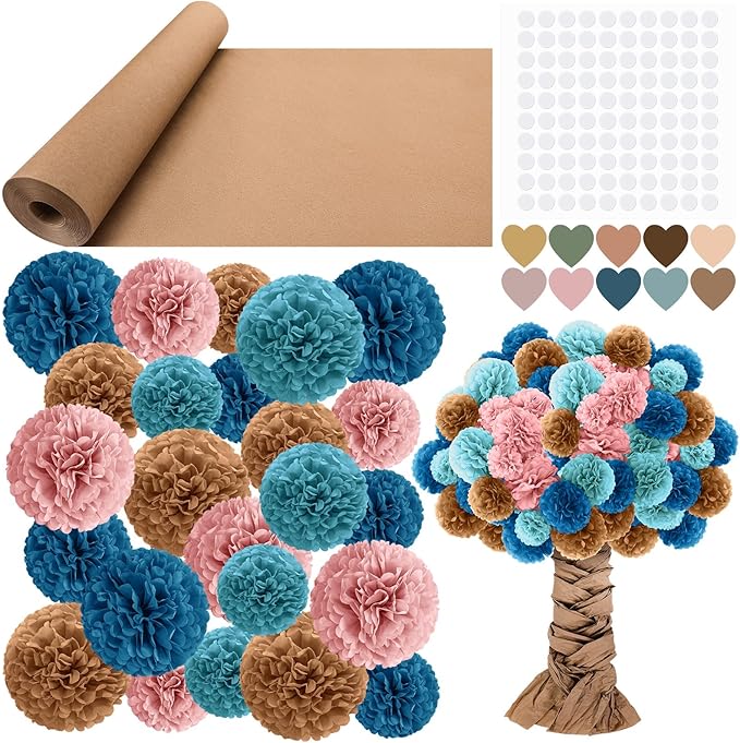 Mooliwe Classroom Tree Bulletin Board Set DIY 3D Cardboard Tree with Paper Pom Poms Kraft Craft Bulletin Board Wall 3D Decorations for School Elementary Teacher Chalkboard(Boho Color,6, 8, 10 Inch)