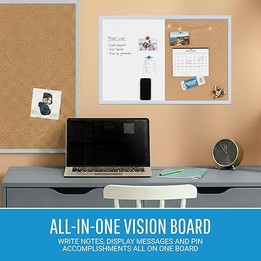 MasterVision Pastel Combo Bulletin and Dry Erase Board, 24" x 18", Blue Frame, Decorative Magnetic Whiteboard and Cork Board, Wall Décor for Home, Office, Dorm, or Classroom