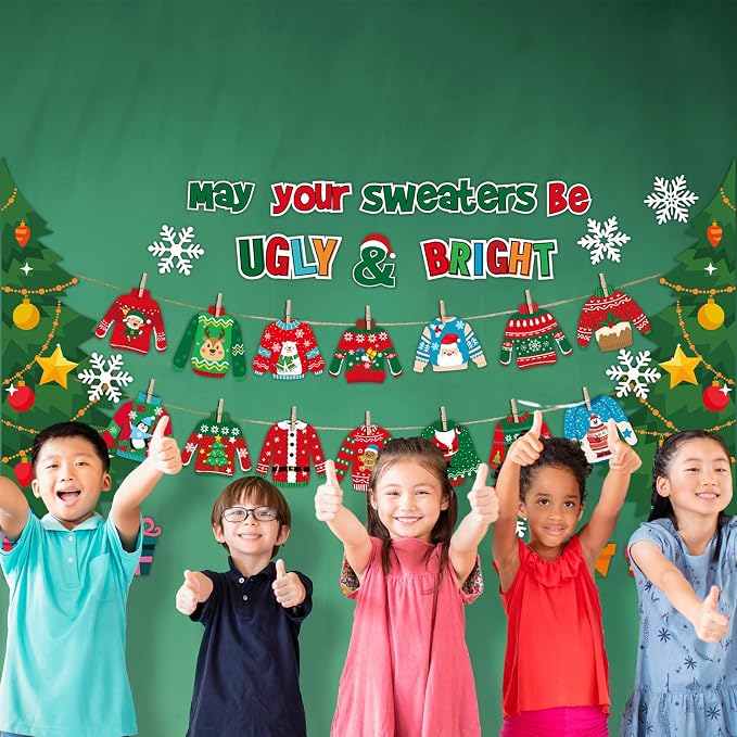 Pasimy Christmas Bulletin Board Decorations Set Ugly Sweater Paper Cutouts Xmas Tree Snowflake DIY May Your Sweater Be Ugly and Bright Classroom Decor for School Chalkboard Home Winter Holiday Party