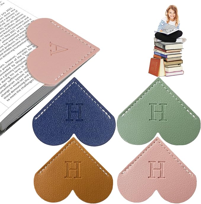 4Pcs Personalized Leather Heart Bookmark With Initial, 26 Letters Custom Corner Page Book Mark For Reading Women, Book Lovers, Teachers, Students, Cute Book Accessories(Blue+Green+Light Brown+Pink, H)