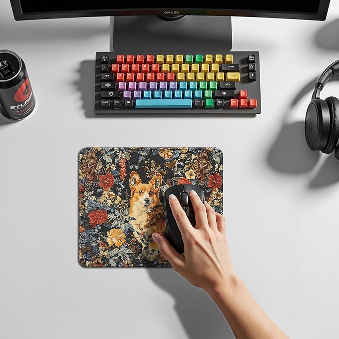 Vintage Floral Corgi Mouse Pad, Dog Lover Gifts for Women, Cute Cottagecore Puppy Animal Mouse Pad for Home Office Computer Gaming Desk Essentials, 9.5x7.9 Inch