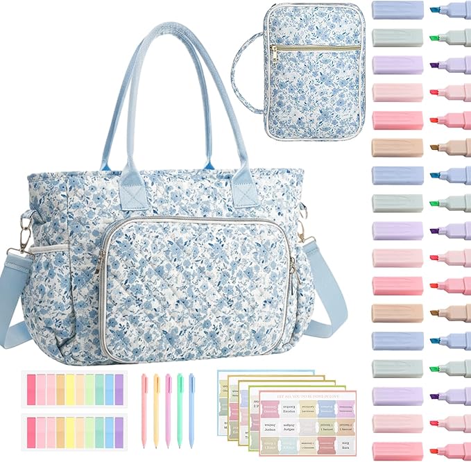 Large Bible Bag Quilted Bible Cover Case Kit for Women Church Bag with Shoulder Strap Study Supplies Christian Gifts(Blue Flower)