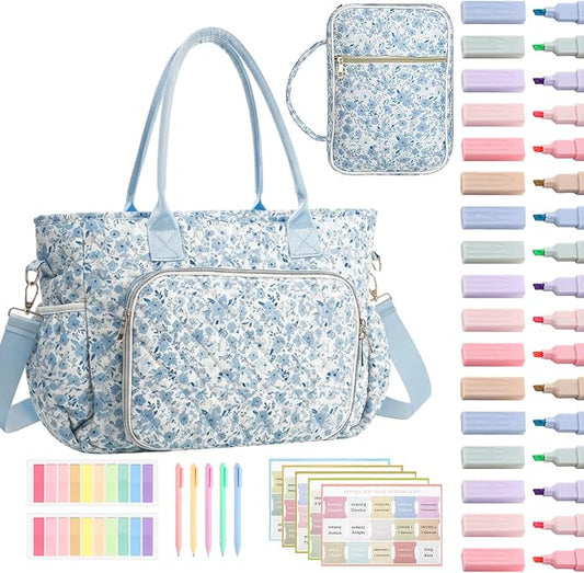 Large Bible Bag Quilted Bible Cover Case Kit for Women Church Bag with Shoulder Strap Study Supplies Christian Gifts(Blue Flower)
