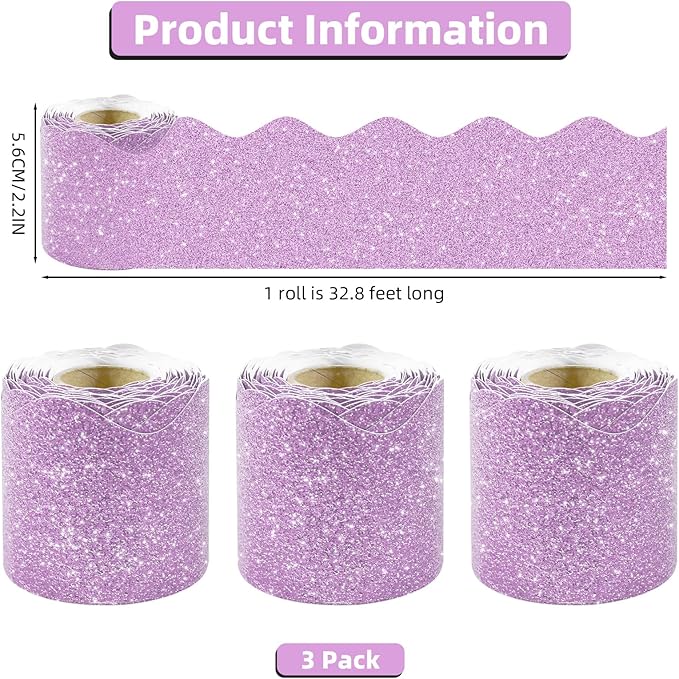 3 Rolls 98.4 Ft Valentines Day Glitter Bulletin Board Borders Set - Light Pink Bulletin Board Decorations for Classroom, Office，School & Home DIY - Perfect for Teachers, Posters & Birthday Party Decor