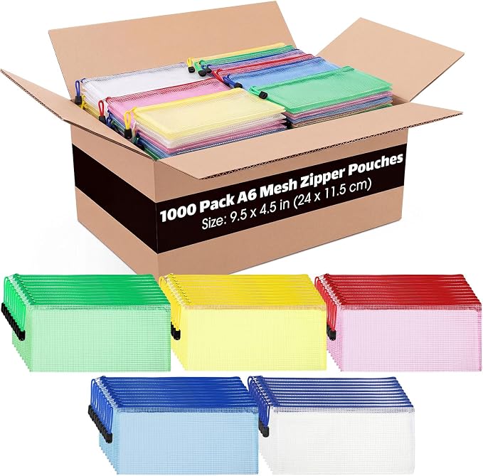 Handepo 1000 Pieces A6 Mesh Zipper Pouch Bulk, Pencil Storage Pouches Mesh Cosmetics Bag Waterproof Reusable File Folder Case for School Office Travel Supplies Organization (Solid Color Pouch)