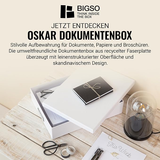 Bigso Box of Sweden Document Box for A4 Paper, Brochures and Notes - Box with Lid and Handle - Fibreboard and Paper Box Storage with Lid - White