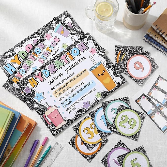 Frienda 67 Pcs Classroom Water Station Decor Set, Hydration Station Posters with Name and Number Stickers, Self-Adhesive Cup Organization Kit for Preschool Elementary School, Back to School Supplies