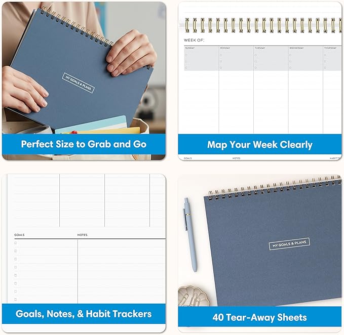 Blue Sky Weekly Planner Pad 300g Cardboard, Undated Weekly Safety Wirebound Top Bound (Navy, 12" x 9")