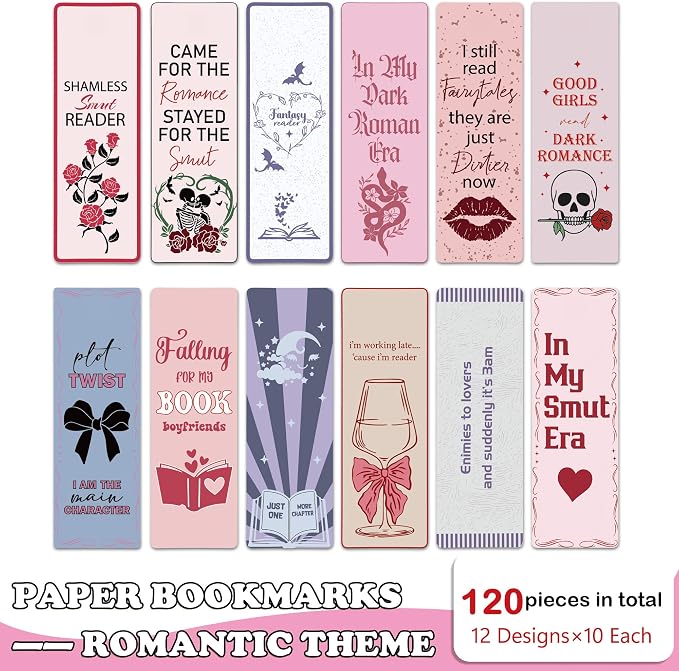 120 Pcs Dark Romance Bookmarks, Funny Word Paper Bookmarks Bulk for Women, Girly Dark Romance Merch Bookmark for Book Lovers Bookish Office Worker Gift