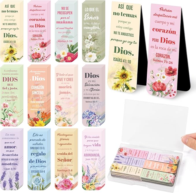 Haooryx Spanish Bible Verse Magnetic Bookmark - 48pcs Floral Spanish Scripture Verse Inspirational Magnetic Clip Bookmark Religious Motivational Page Marker Christian Gift Church Christmas Party Favor