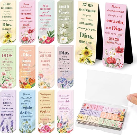 Haooryx Spanish Bible Verse Magnetic Bookmark - 48pcs Floral Spanish Scripture Verse Inspirational Magnetic Clip Bookmark Religious Motivational Page Marker Christian Gift Church Christmas Party Favor