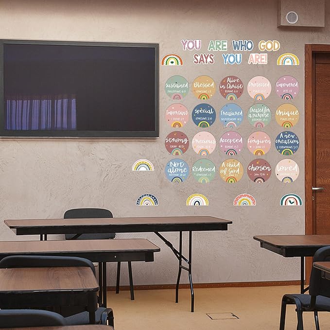 Christian Bulletin Board Decorations - Bible Verses Inspirational Bulletin Board Sets Motivational Cutouts God Says You are Religious Classroom Wall Decor for School Home Church Supplies（Boho Rainbow