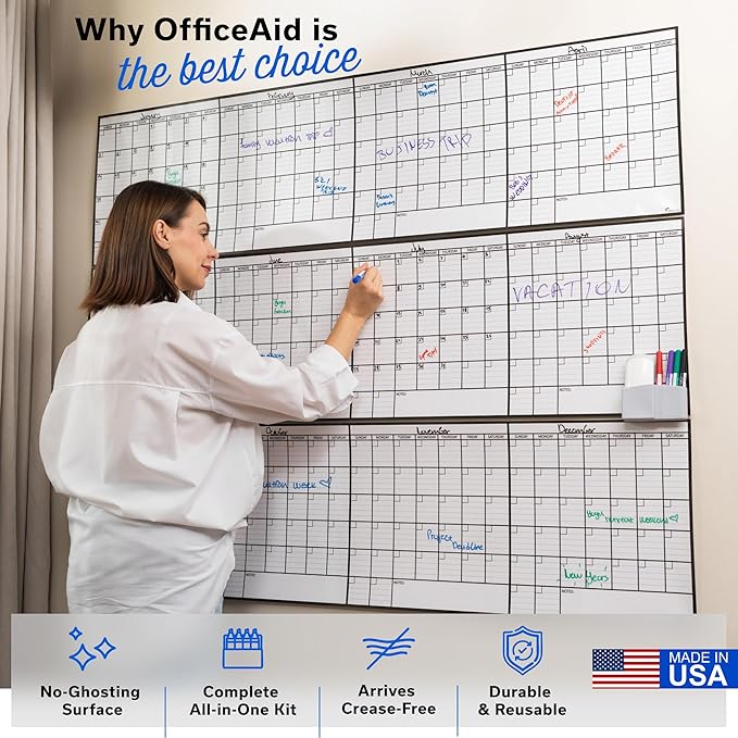 Yearly Dry Erase Calendar for Wall, 45x55, 12 Month Wall Calendar Dry Erase, Full Year White Board for Office, Home & School, Giant Annual Erasable Whiteboard, Jumbo Undated White Board Planner