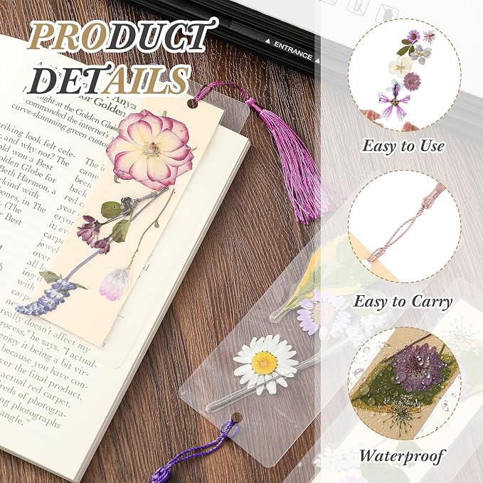 Fuyoooo 376 Pcs Dried Flower Bookmark Making Kit, DIY Bookmark Laminating Pouches with Tassels and Puncher, Handmade Craft Kit for Women, DIY Gifts for Book Lovers (Purple,2 x 8 Inch)