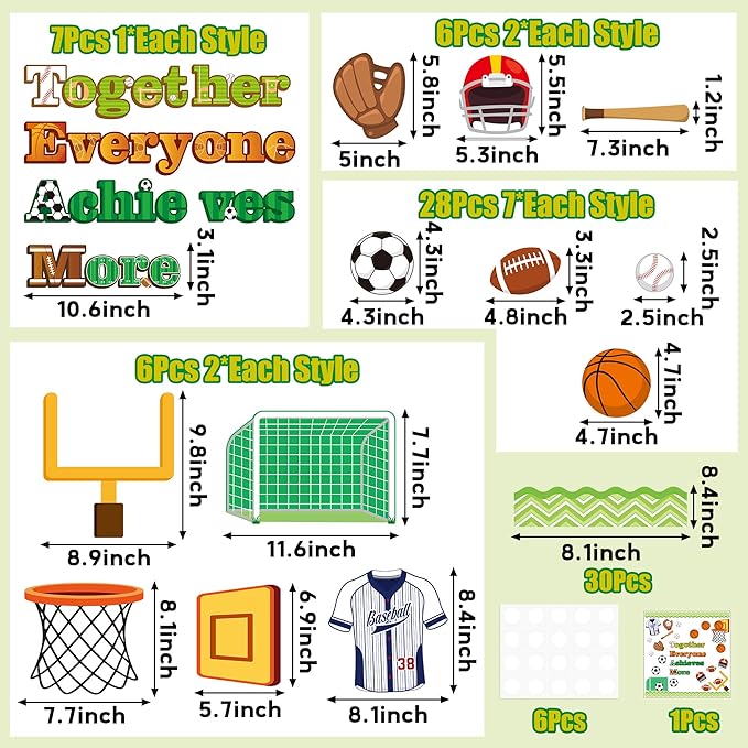 77Pcs Team Spirit Sport Bulletin Board Decoration Back to School Set Together Everyone Achieves More Basketball Football Cutouts Name Tags Motivational School Chalkboard Wall Door Supplies