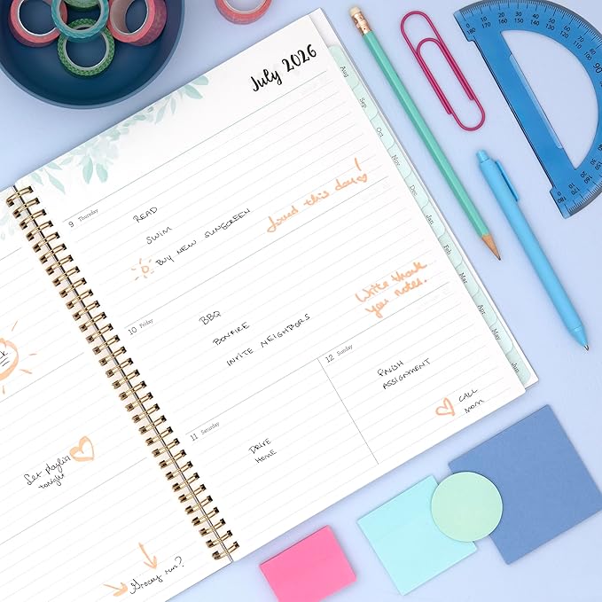 Blue Sky 2026-2027 Weekly and Monthly Academic Year Planner Calendar, July 2026 - June 2027, 8.5" x 11", Flexible Cover, Wirebound, Laminated Tabs, Storage Pocket, Laurel