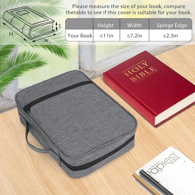 Bible Cover with Durable Handle, Carrying Book Case Church Bag Bible, Protective with Zippered Pocket, Bible Study Accessories Supplies, Book Protector for Book Lovers, Grey