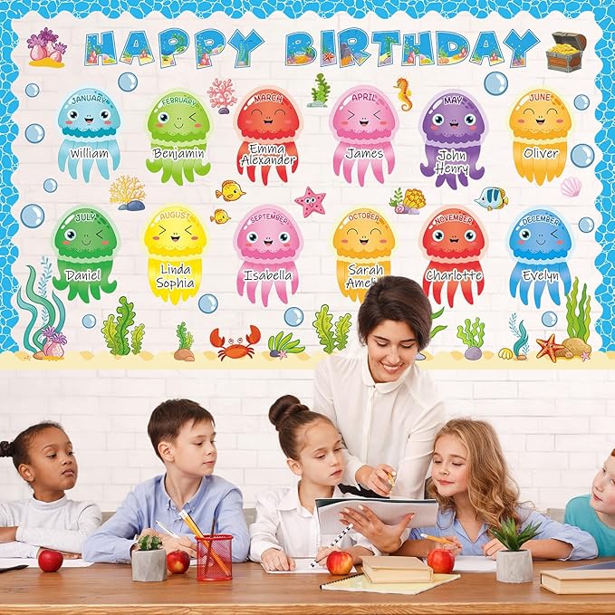 gisgfim Under The Sea Birthday Bulletin Board Decorations Ocean Theme Happy Birthday Classroom Bulletin Board Jellyfish Ocean Creatures Cutouts for School Teacher Student Door Home Wall Decor Supplies