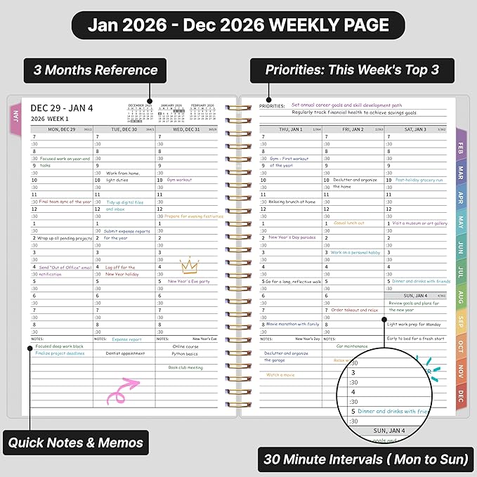2026 Appointment Book, 30 Minutes-Hourly, Weekly ＆ Monthly Calendar Planner 2026, Jan 2026 - Dec 2026, 6.2'' x 8.4'', 2026 Daily Planner with Tabs ＆Pocket, Flexible Cover, Great for Office, Home, School