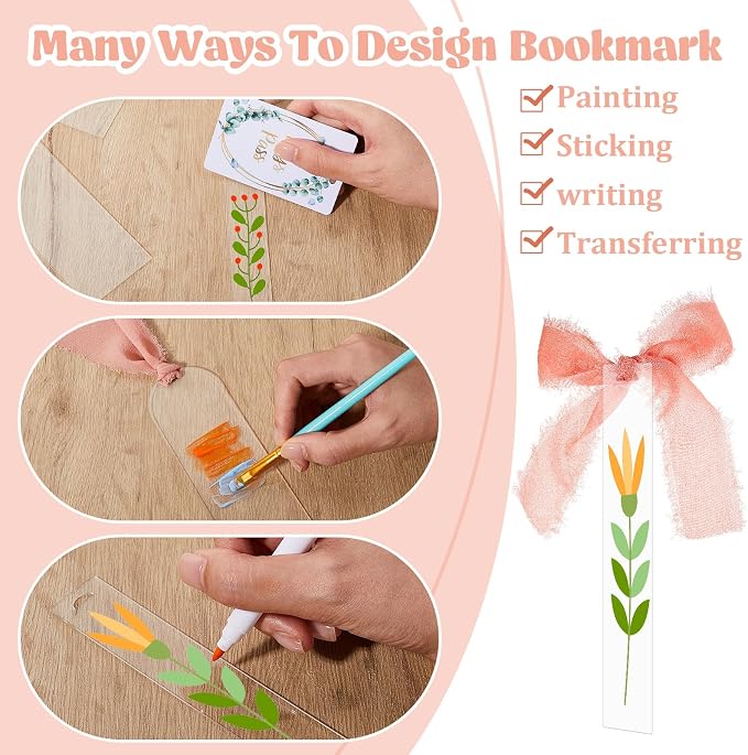 Yeaqee 100 Pcs Acrylic Bookmark Blanks Clear Bookmarks Acrylic Tags with 2 Rolls Ribbon DIY Craft Transparent Bookmark for Reading Lovers for School Presents(Multi Sizes,Rose Pink)