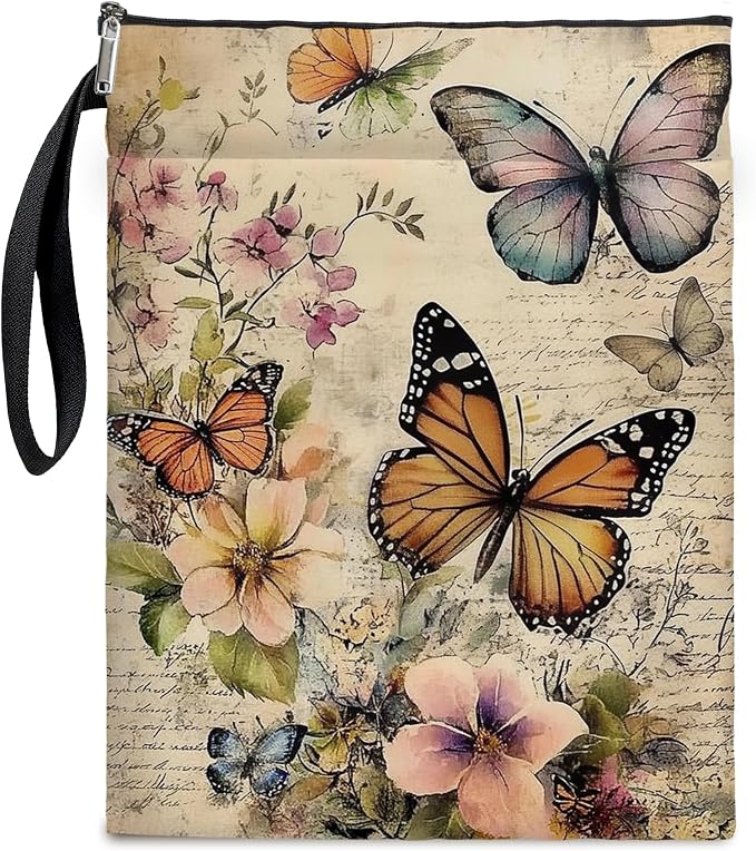 Vintage Floral Butterfly Book Cover, Waterproof Book Sleeve with Zippered Front Pocket Retro Flowers Book Pouch for Book Lovers, Christmas, Birthday, Graduation Gifts (Beige-Butterfly, Large)
