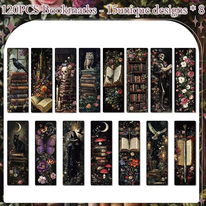 Dark Academia Bookmarks Gifts - 120 Pcs Gothic Vintage Flower Bookmark Dark Romance Book Mark Witchy Skull Rose Page Marker Clip for Women Men Book Lovers Students Teachers Bookish Reading