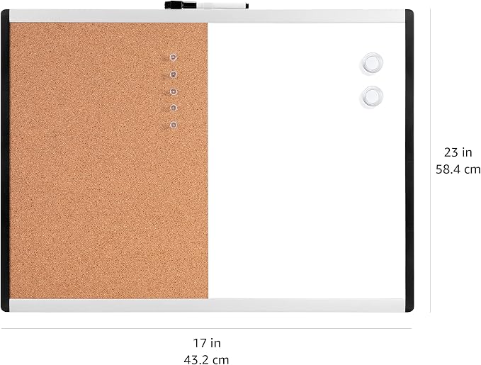 Amazon Basics Magnetic Dry Erase Whiteboard & Cork Board Combo, Double-Sided, Lightweight, Easy to Install, Plastic/Aluminum Frame, 17" x 23"