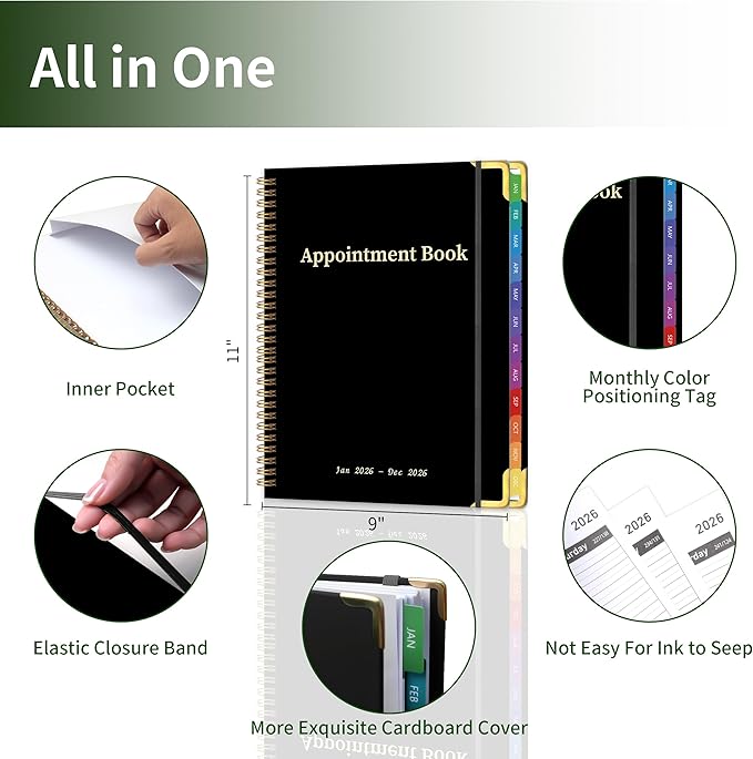 Appointment Book 2026 with Calendar Planner,Hardcover Weekly & Monthly Appointment Planner from Jan 2026-Dec 2026,Daily 7AM - 10 PM Hourly Schedule for Salon,Office, School,Doctor 9" x 11", Black