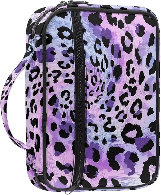 Classic Leopard Bible Covers for Women Men Zippered Bible Carrier Book Bag Church Bag Bible Protective with Handles Christian Gifts, Purple Animal Cheetah Print