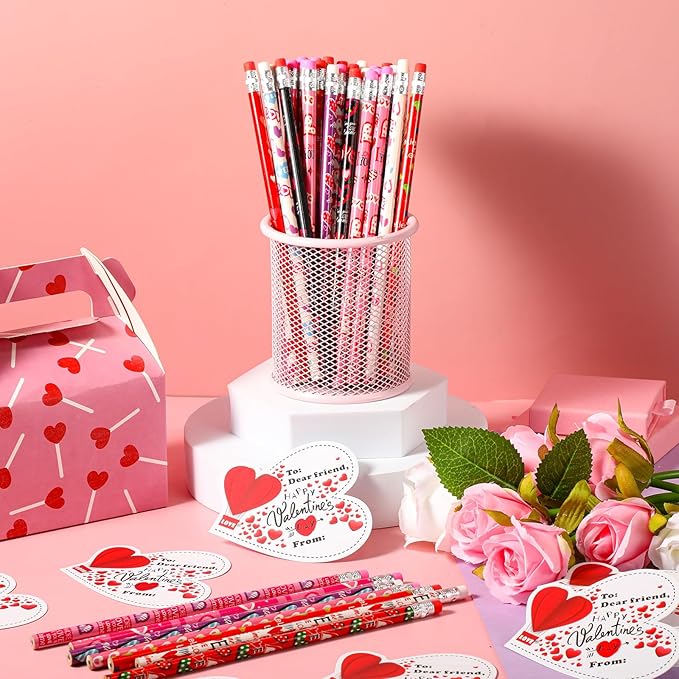 ReliThick 50 Pcs Valentines Pencils Cross Through Heart Shaped Valentines Day Gift Cards Heart Wood Pencils with Eraser Top for Carnival Prize Classroom Exchange Party Favor Party Bag Filler