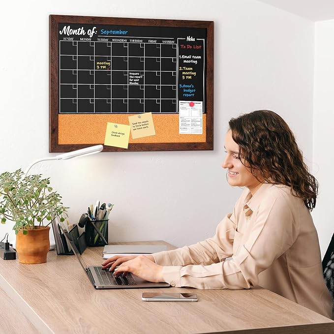 4 THOUGHT Chalkboard Calendar Corkboard Combo, 24" x 18" Bulletin Board Magnetic Calendar Chalkboard for Wall Monthly Planner Combination Board Rustic Brown Frame 4 Markers 8 Magnets 10 Pushpins