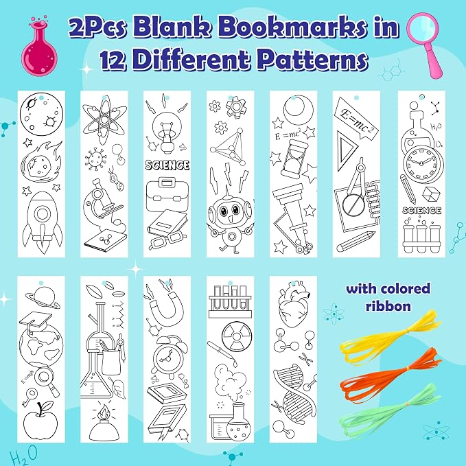 72Pcs Science Color Your Own Bookmarks for Kids Funny Chemistry lab Astronaut DIY Coloring Blank Book Marker for Teacher Student Classroom Reading Club Art Craft Supplies Party Reward Goodie Fillers