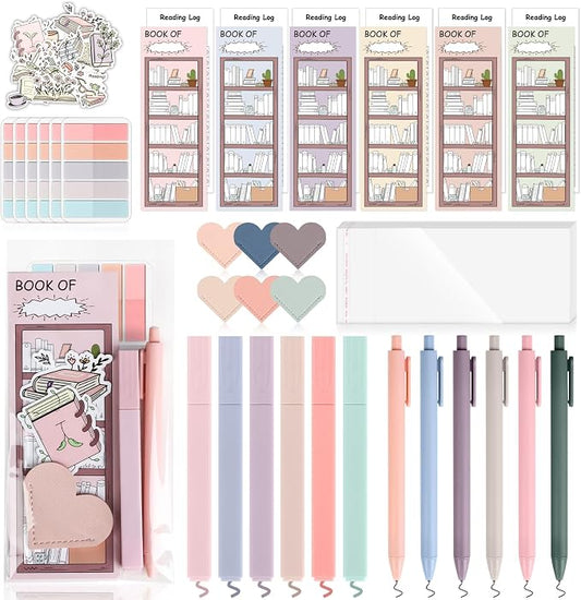 52 PCS Aesthetic Book Annotation Kit 6 Pastel Highlighters and Gel Pens Reading List Bookmarks Sticky Notes Index Tabs Stickers Bible Pages Self-Adhesive Bag for Book Lovers Gifts Book Accessories