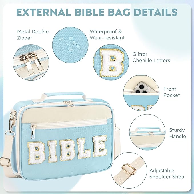 Bible Cover Case for Women Grils, Preppy Bible Bag with Adjustable Shoulder Strap, Waterproof Bible Carrying Tote Bags Holder for Bible Study Supplies Accessories & Christian Gifts (Blue)