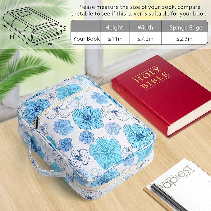 Bible Cover with Durable Handle, Carrying Book Case Church Bag Bible, Protective with Zippered Pocket, Bible Study Accessories Supplies, Book Protector for Book Lovers, MistyBlue