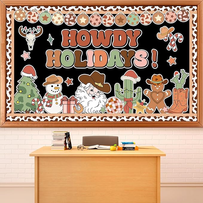 Christmas Western Cowboy Bulletin Board Decoration Set Christmas Theme Cutouts Wild West Classroom Decoration Cowboy Howdy Holidays Classroom Decoration for School Chalkboard Xmas Party Decor