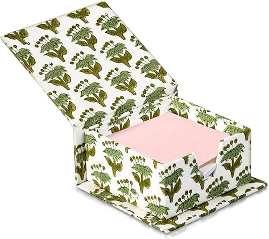 CPC Emerald Green Block Print Cotton Desk Organizer Sticky Note Holder, 4'' X 4'' X 2'' Cute, Aesthetic, Decor Accessories, Workspace Organizers, Caddy Storage, Gift for Office, Professionals, Student