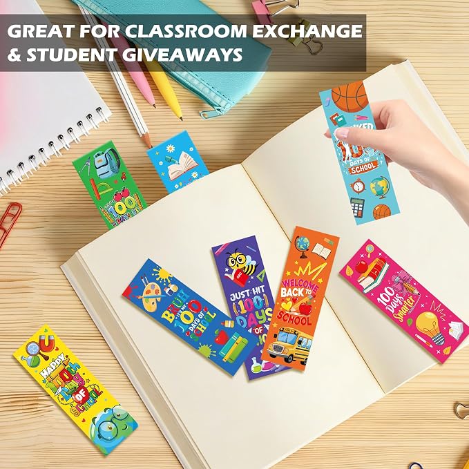 120 Pcs 100 Day of School Paper Bookmarks, 100 Items for 100 Days of School Bookmarks for Students, Playful Cartoon 100th Activities Supplies Gifts for Kids Classroom Prize Office Home Decor