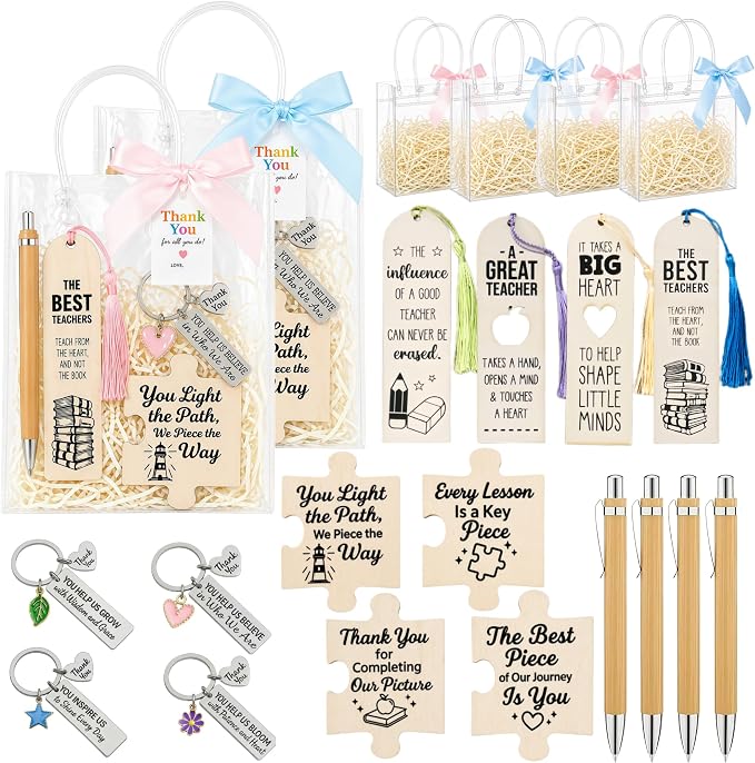 Teacher Appreciation Gifts in Bulk - 4 Pack Desk Gifts for Teachers with Keychains, Bookmarks, Bamboo Pens, Drink Coasters - Thank You Gifts for Teachers - End of Year Teacher Gifts Back to School