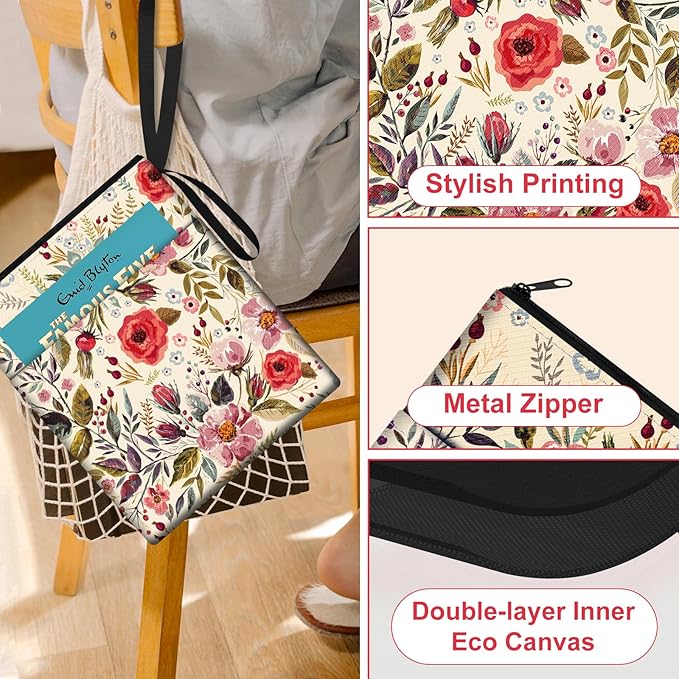 Slohif Book Sleeve Pouch Book Cover Protector with Zipper Cute Book Beau Booksleeve Small Large Retro Flowers Pouches for Paperback HardBook Cover Reading Accessories for Students Women Readers