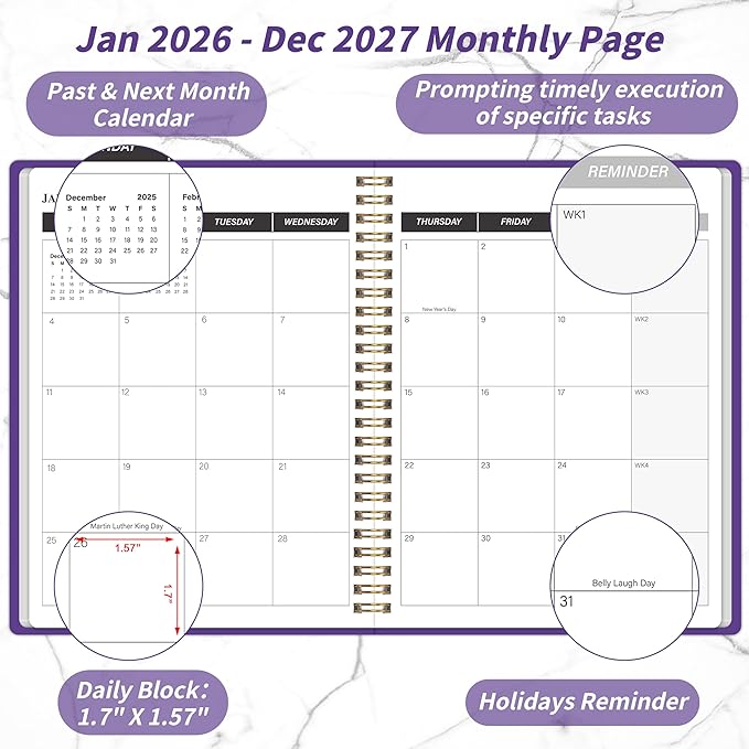 Monthly Planner 2026-2027, Jan 2026 - Dec 2027, 2 Year Calendar 2026-2027 Monthly Planner, 7.5" x 10", 24 month Calendar With Goals To Do List, Habit Tracker Suitable for Schools & Offices & Home, Purple