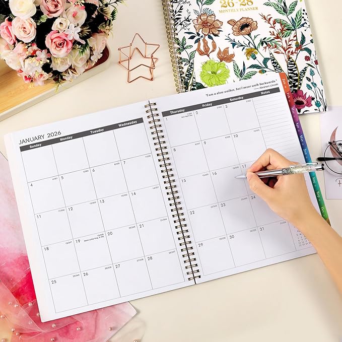 2026-2028 Monthly Planner/Calendar - 3 Year Monthly Planner 2026-2028, Jan. 2026 - Dec. 2028, 9" × 11" Calendar Planner 36-Month with Tabs, Twin-Wire Binding, Two-Side Pocket, Celebrity Quotes ＆ Notes