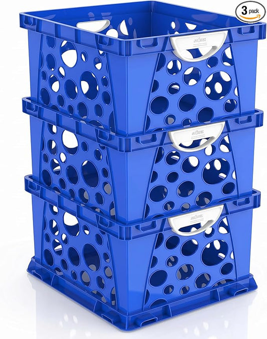 Storex Premium File Crate with Molded Handles – Letter & Legal Document Storage, Stackable, Heavy Duty Plastic, Classroom Blue, 3-Pack