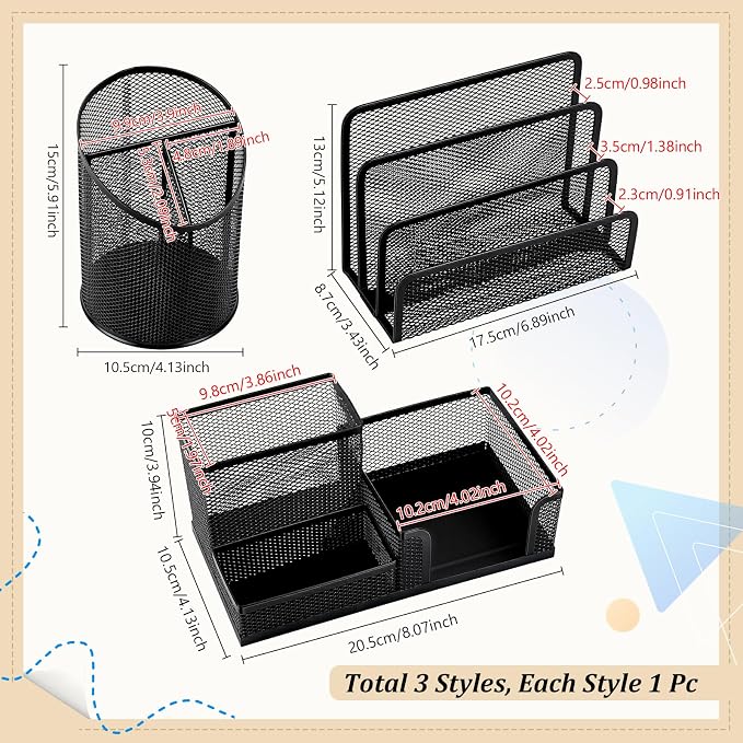 3PCS Metal Office Supply Desk Organizer Mesh Pen Holder with 3 Compartments Round Black Pencil Holder Mesh Mail Organizer Bill/Letter Organizer Desk Organizers for Office Home School