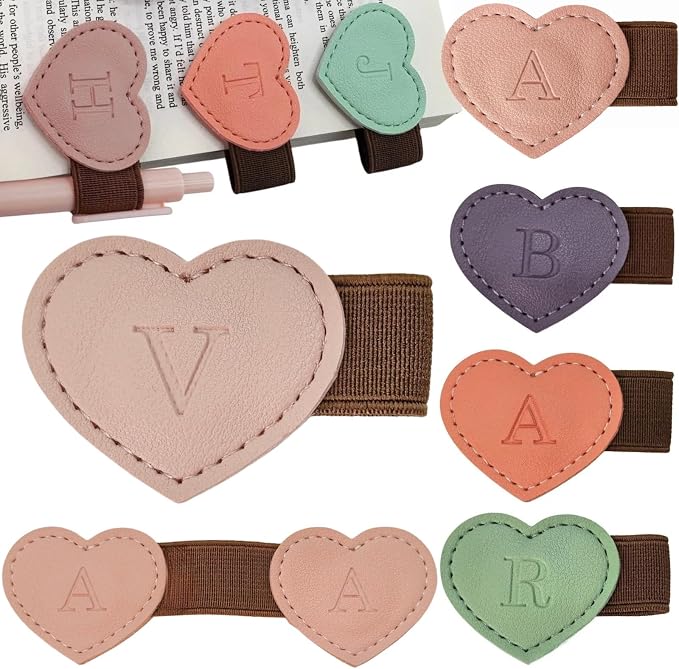 Personalized Magnetic Leather Heart Bookmark with Pen Holder - 26 Letters Custom Book Mark Notebook Pencil Loop with Initial Book Marker for Readers, Book Lovers- Gifts for Women Men(Pink,V)