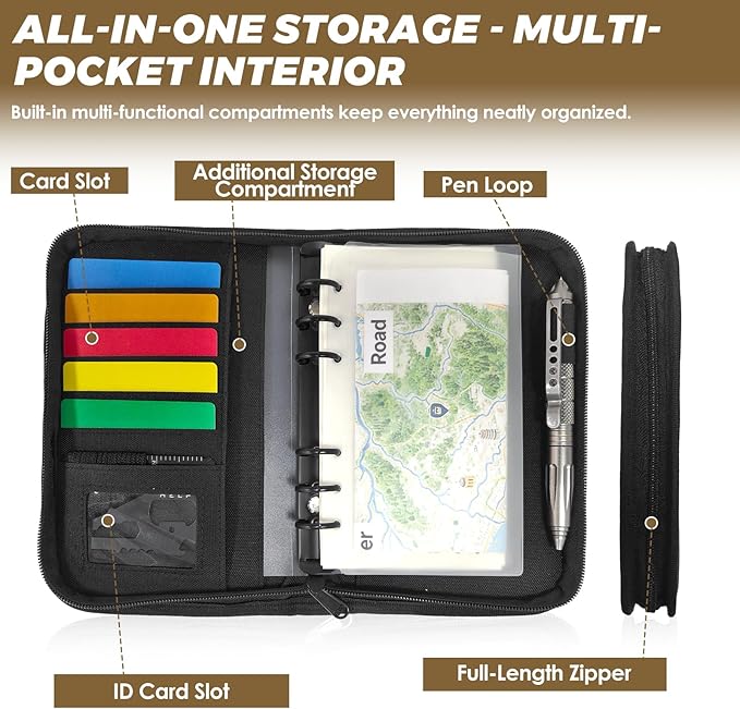 Tactical Notebook Cover, A6 Padfolio 6 Ring Binder with Big Back Pocket & Hand Strap, Zippered Hardcase Planner for Journal, College, Office, Field (Black, A6(5.5 x 8.5 inches))