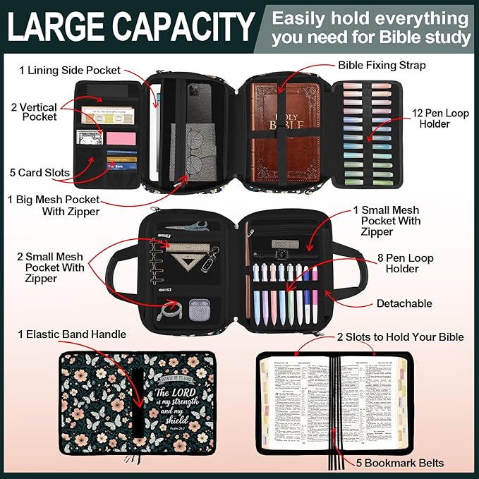 Butterfly Floral Bible Cover Case for Women Bible Study Supplies Accessories Boho Church Bag Christian Gift Book Carrying Case with Shoulder Strap Handle Journaling Kit Large Bible Book Sleeve