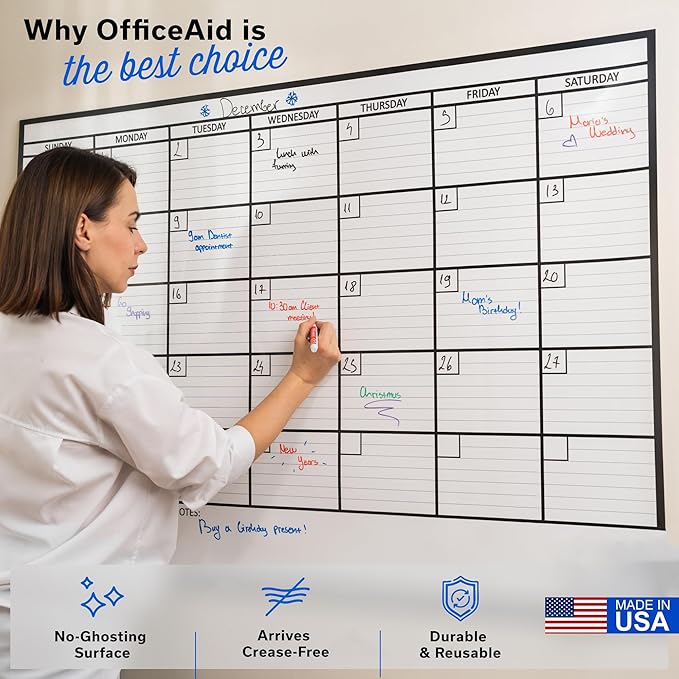 Large Dry Erase Calendar for Wall, 36x48, Large Wall Calendar Dry Erase, Big White Board for Office, Home & School, Giant Erasable Whiteboard, Jumbo Monthly Undated Reusable White Board Planner
