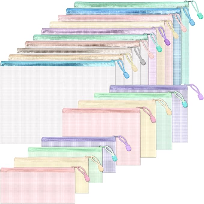BAYTORY 18Pcs Mesh Zipper Pouch Bags, Clear Waterproof Document Bag, Assorted Color File Pockets, Large Capacity Plastic File Jackets, Multipurpose for Travel School Office and Home (Colorful)