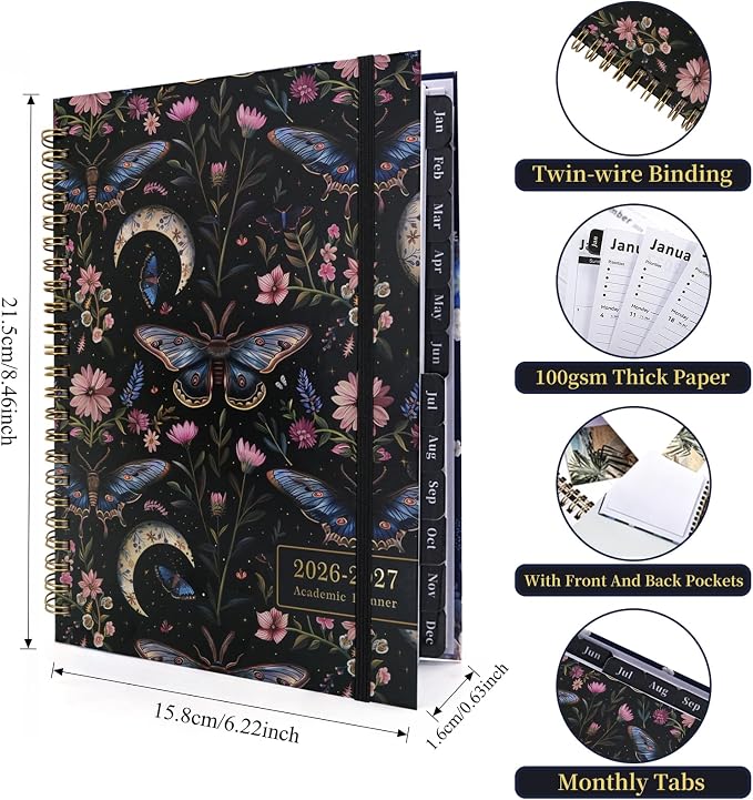 2026-2027 Planner, 12 Months Monthly & Weekly Daily Planner July 2026 - June 2027, 8.5" x 6.2" Hardcover Agenda Organizer with Tabs, Spiral Bound Calendar Notebook for School Work Home, Floral Design (Red & Butterfly)